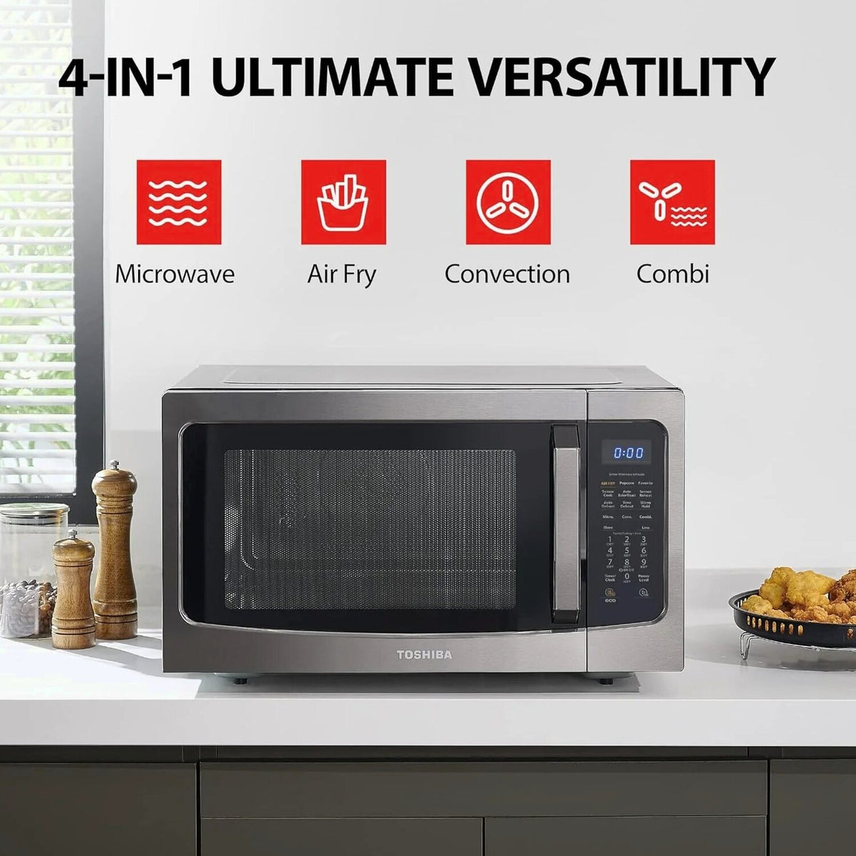 TOSHIBA 4-in-1 Countertop Microwave Oven, 1.5 Cu Ft, 1000W, Silver - ML-EC42P(SS)