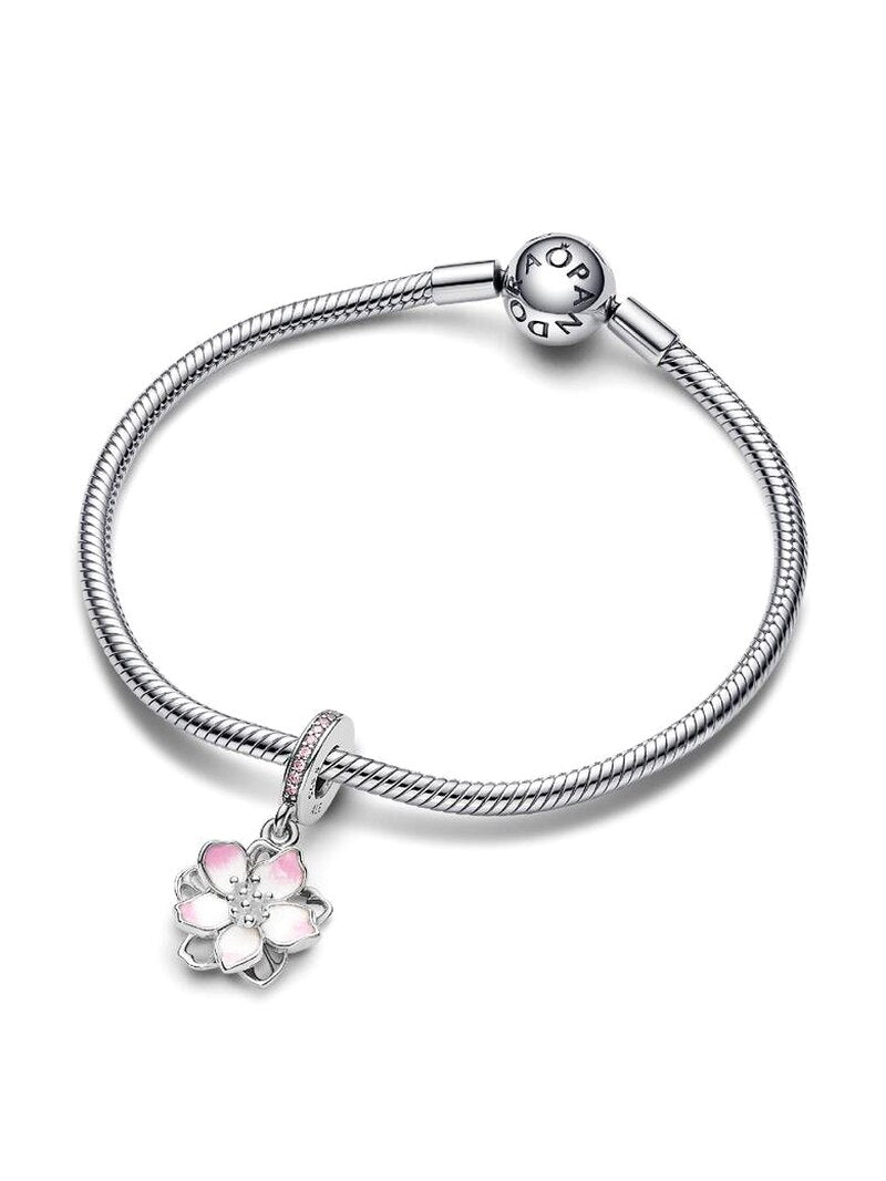 Pink Flower Dangle Charm - Sterling Silver