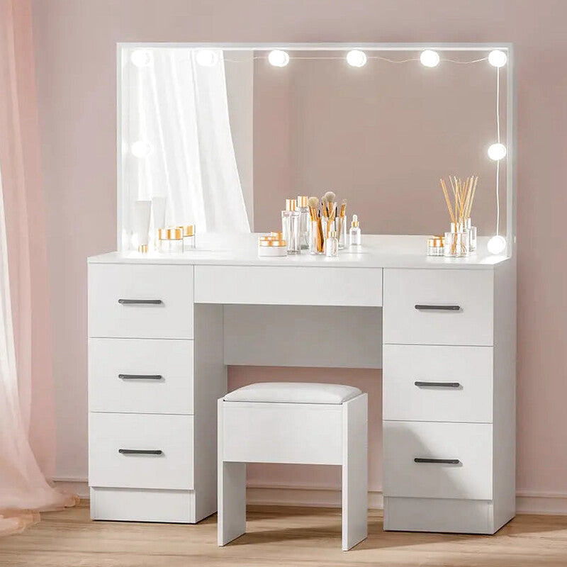 Artiss Dressing Table Set, 7 Drawers, LED Mirror, Stool, 10 Bulbs, White - Debbie