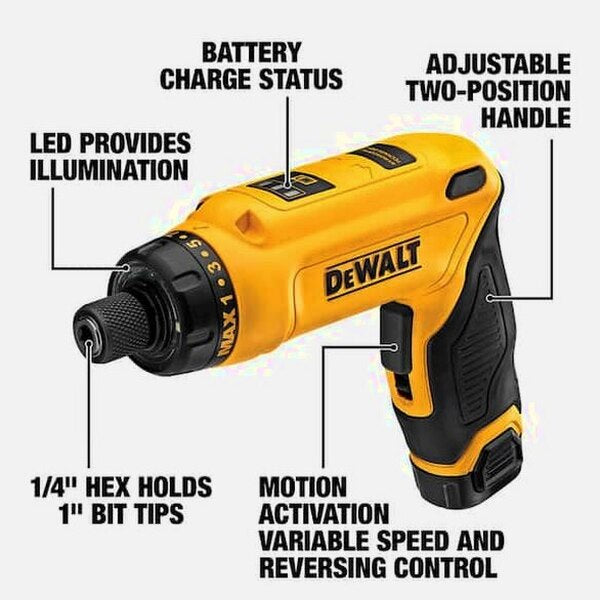DEWALT 8V MAX Cordless Gyroscopic Screwdriver With Adjustable Handle, (2) 1.0Ah Batteries, Charger, And Bag