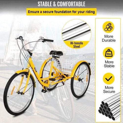 Adult 26-Inch 7-Speed Cruiser Tricycle With Front Basket And Comfort Saddle - Yellow
