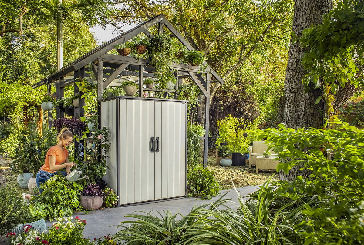 Keter Premier Tall Vertical Resin Outdoor Storage Shed With Floor And Locking Double Doors - Grey