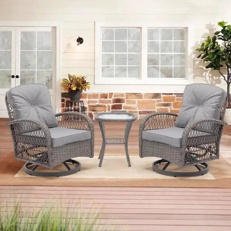 3-Piece Outdoor Swivel Rocker Conversation Set With Tempered Glass Coffee Table