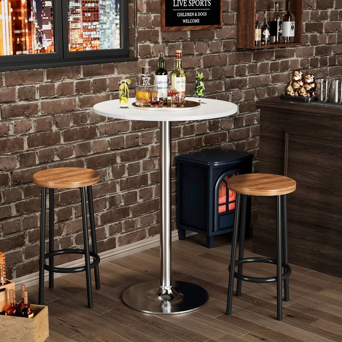 Round Bar-Height Bistro Pub Table With Metal Base And MDF Top, 23.8 x 23.8 x 39.5 Inch