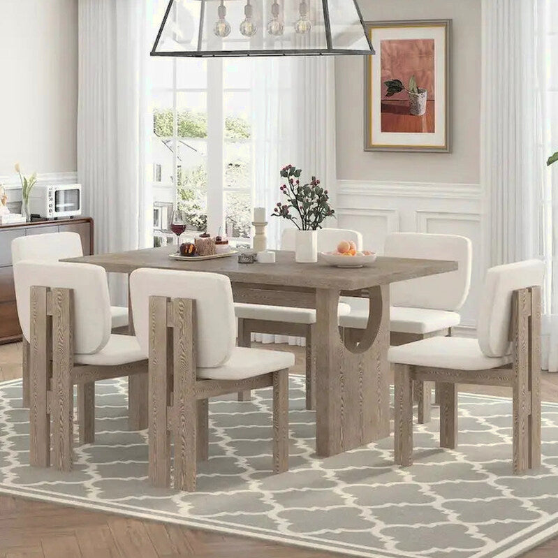 7-Piece Dining Set With Rectangular Trestle Table And 6 Upholstered Chairs