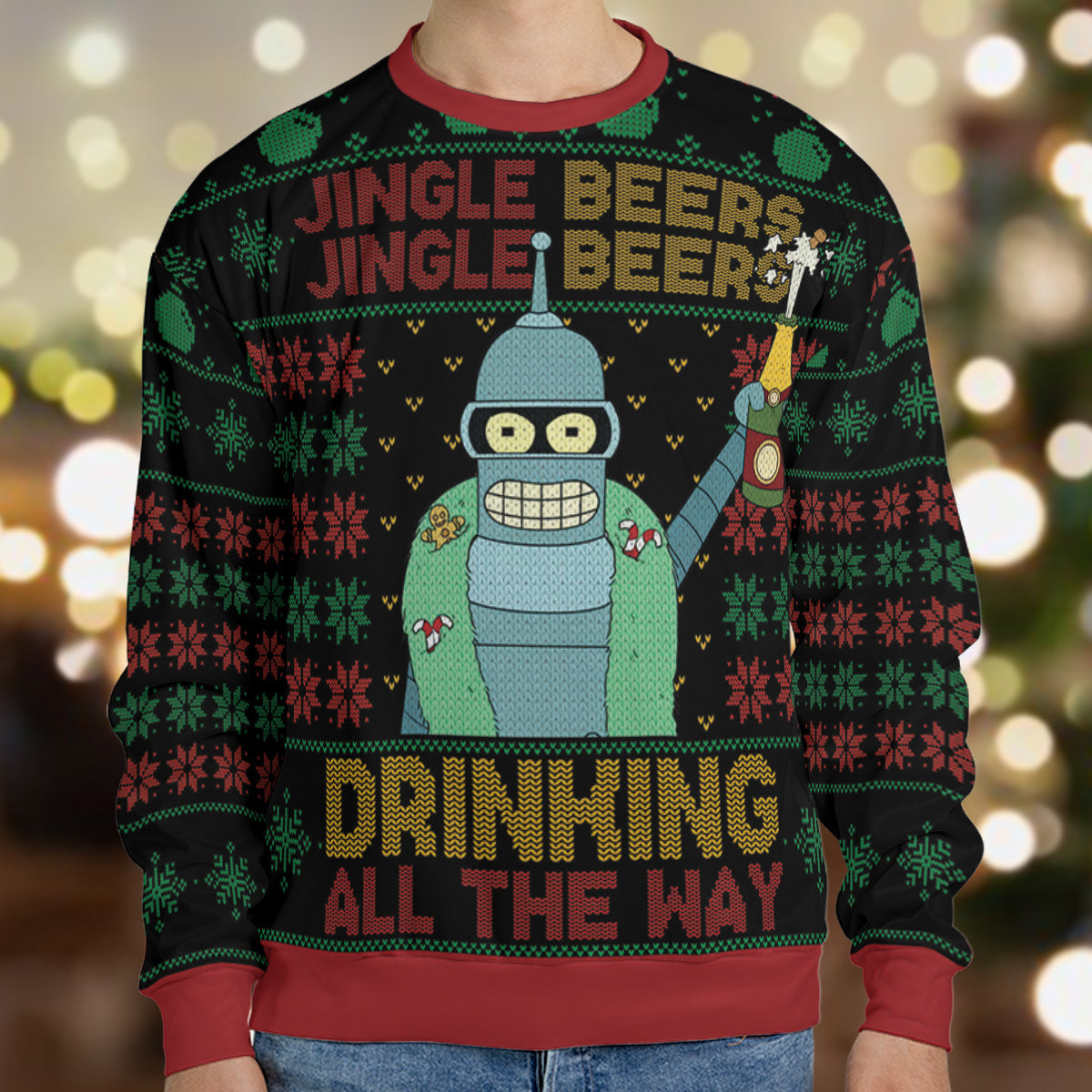 Drinking All The Way Bender Futurama Ugly Christmas Sweatshirt