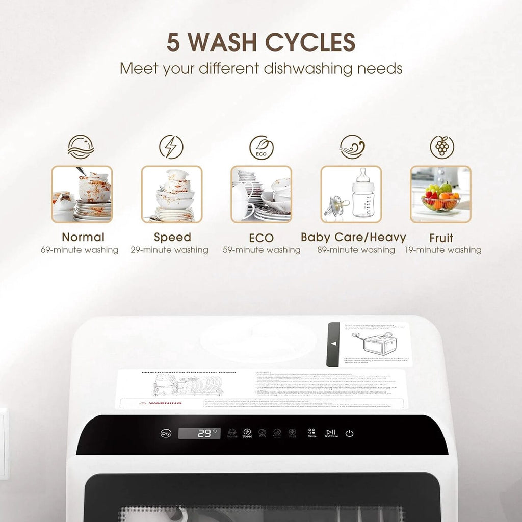 NOVETE Countertop Dishwasher, 5 L Water Tank, 5 Programs, White - TDQR01