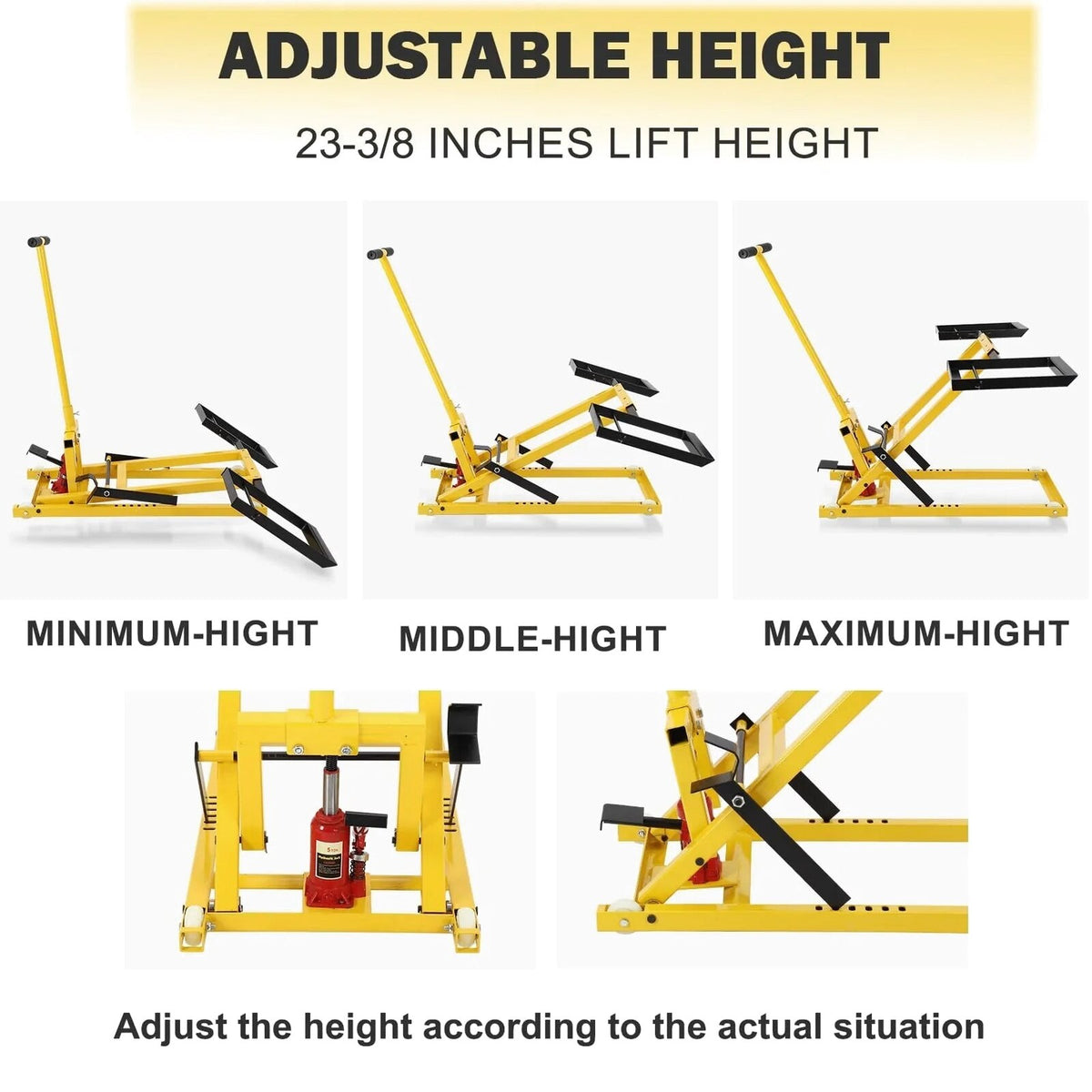 Lawn Mower Lift With Hydraulic Jack, 26 Inches, 500 LBS Capacity, Yellow - PHO_13L5VR2X2L