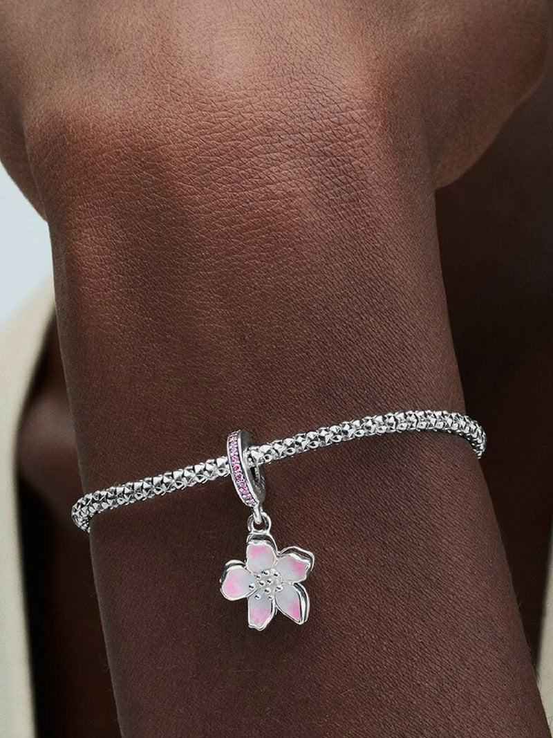 Pink Flower Dangle Charm - Sterling Silver