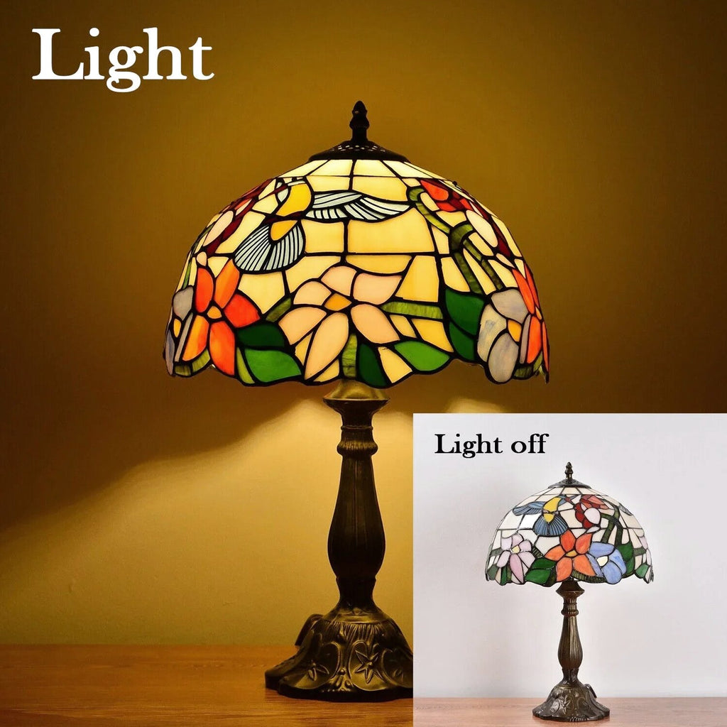 Tiffany Style Stained Glass Hummingbird Table Lamp 12in Shade, 18in Tall