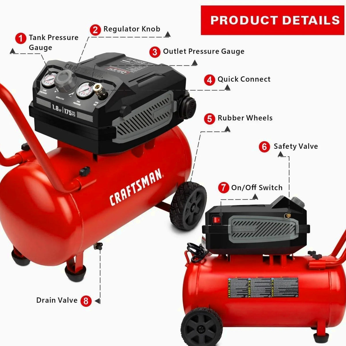 CRAFTSMAN Hard Air Compressor, 10 Gallon, 1.8 HP, 175 PSI, 4.0 CFM @ 90 PSI - CMXECXA0201041