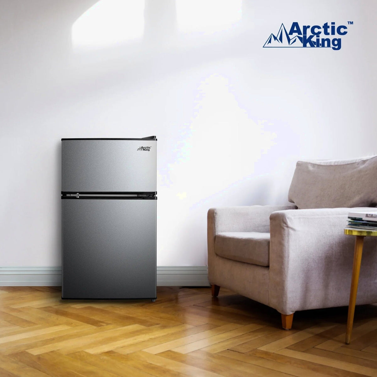 Arctic King Two-Door Mini Fridge With Freezer, 3.2 Cu. Ft., Stainless Steel