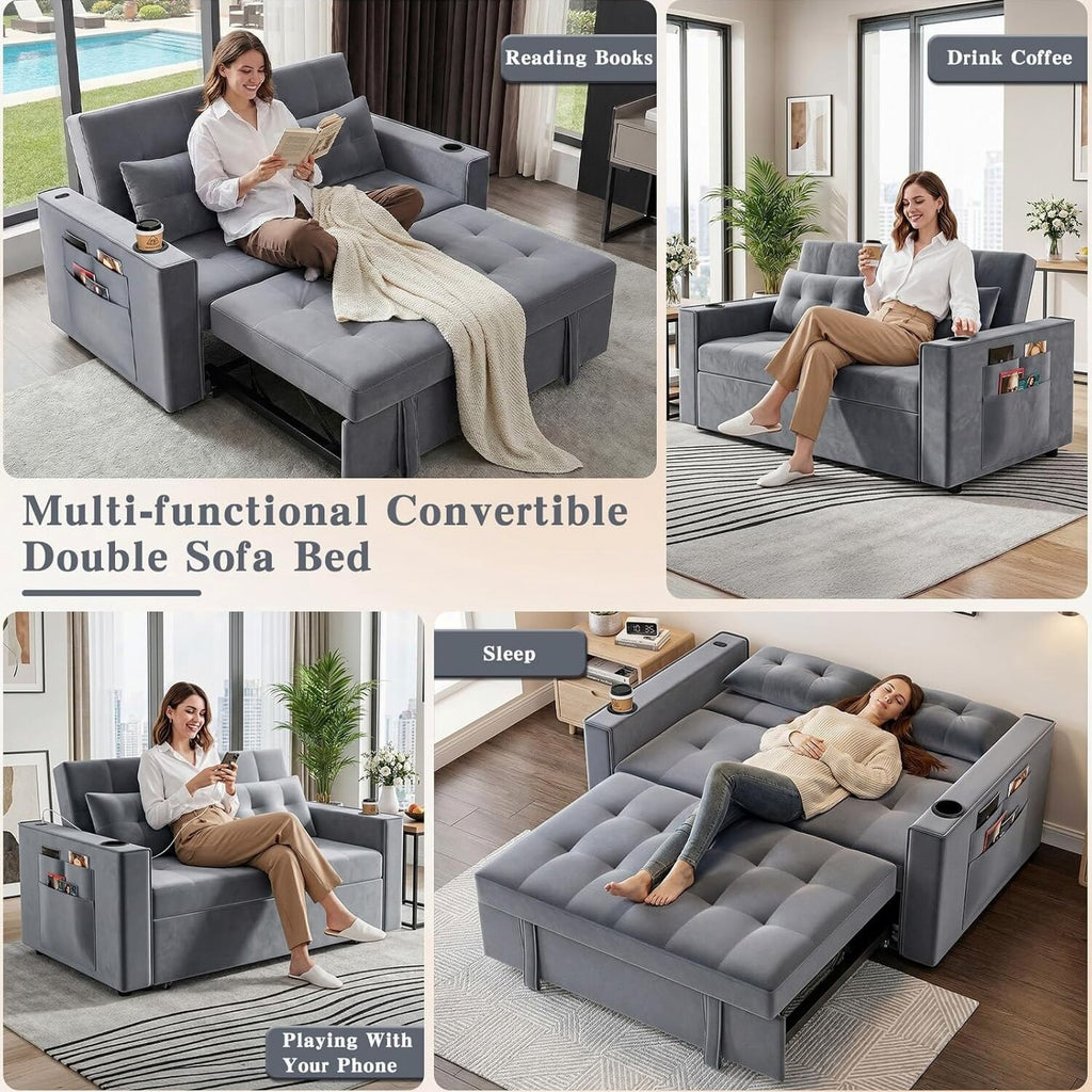3-in-1 Pull-Out Sofa Bed With Charging Station, Cup Holder And Side Storage - 70in Grey