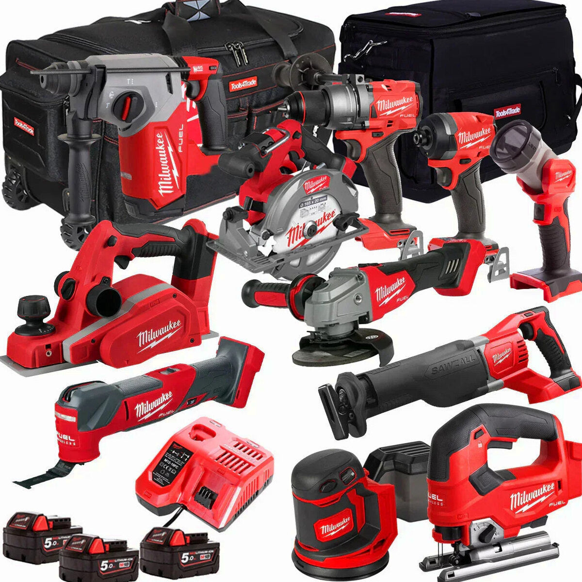 Milwaukee 18V Cordless 11-Piece Tool Kit With 3 x 5.0Ah Batteries, Charger And Bag - T4TM-9