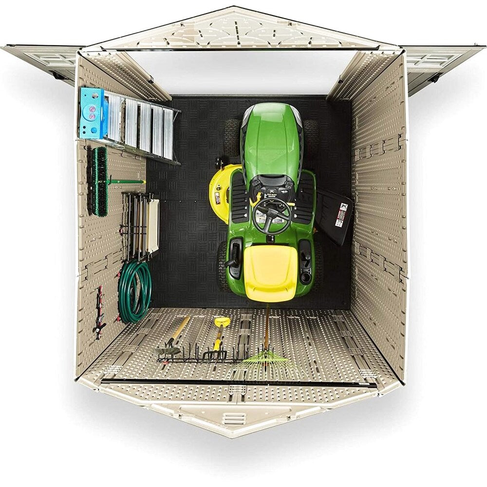 Rubbermaid Resin Outdoor Garden Storage Shed With Windows And Utility Hooks, Sand - 7x7 Ft
