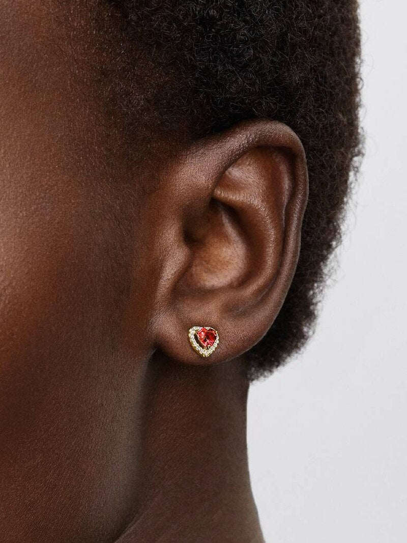 Red Heart Pavé Stud Earrings - Gold