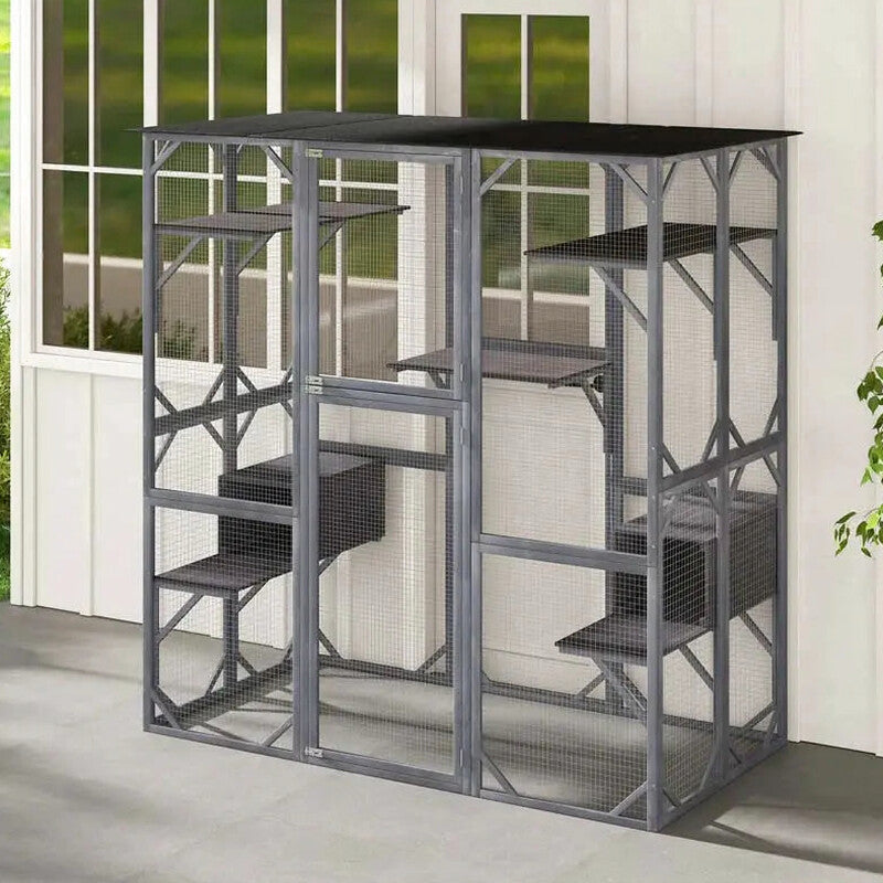 71-Inch Outdoor Wooden Catio Enclosure With 7 Platforms And 2 Condos - Grey