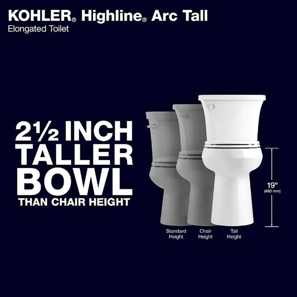 KOHLER Highline Arc Extra Tall Elongated Toilet, White, 1.28 GPF, 2-Piece - 78305-0
