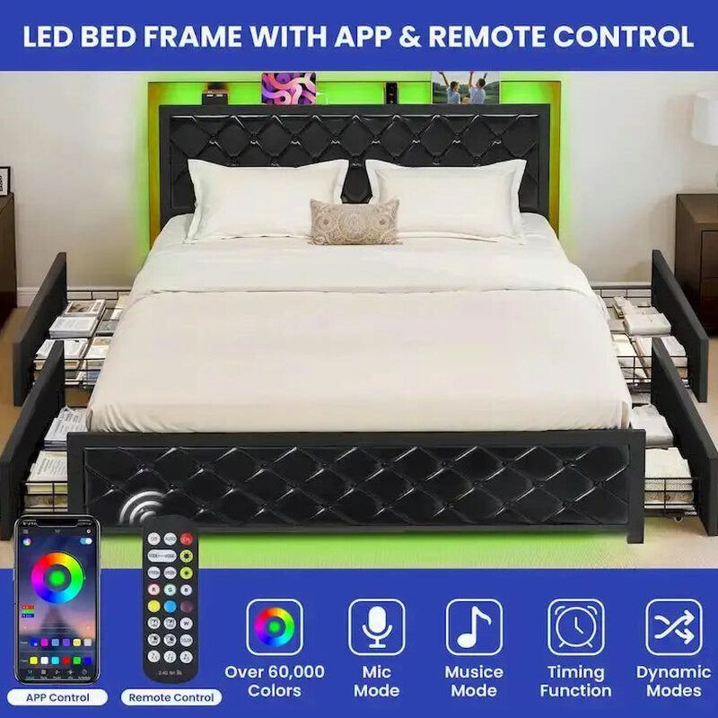 Moasis Queen Upholstered Faux Leather Platform Bed Frame With Headboard, 4 Storage Drawers, RGB LED Lights, USB-C Charging Ports - Black
