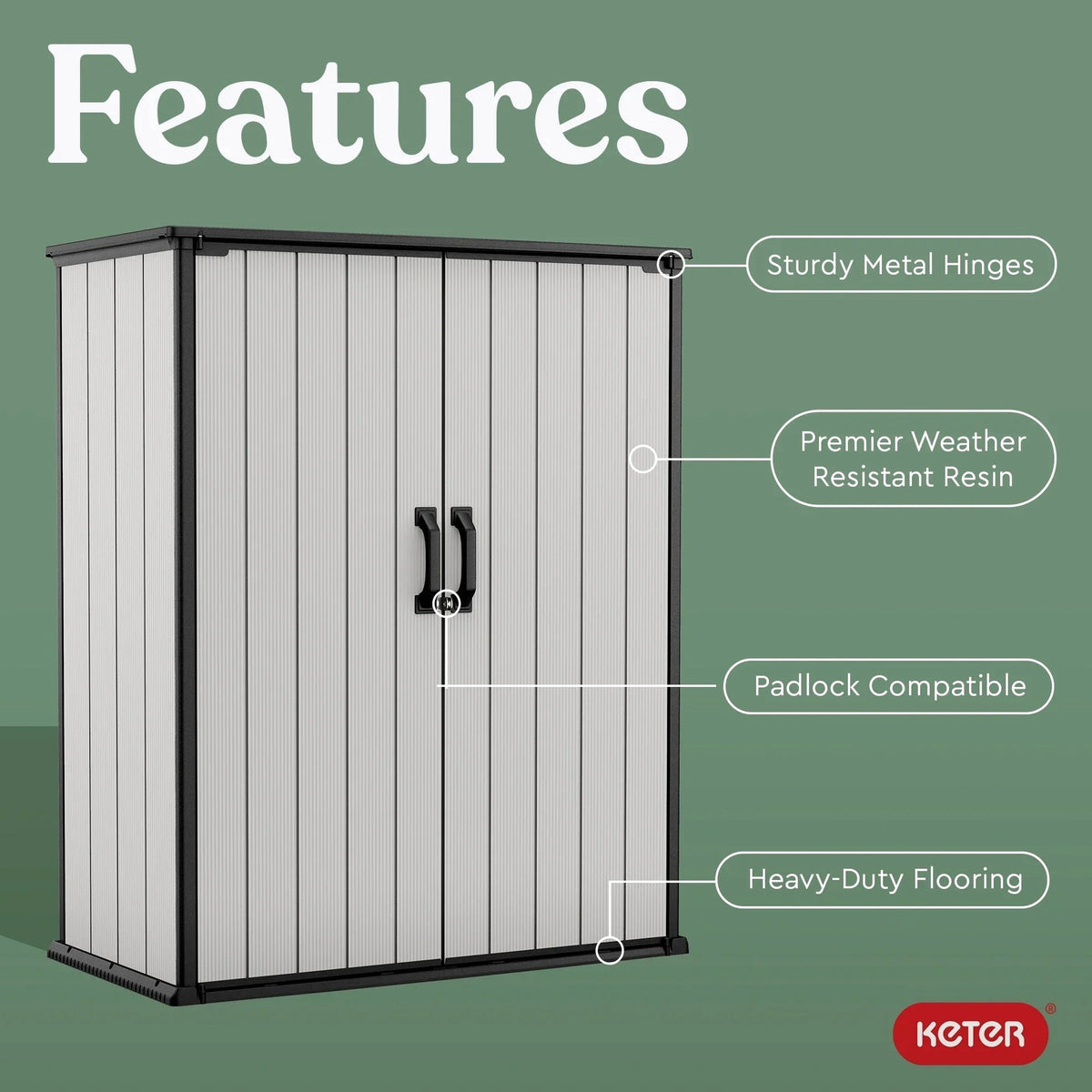 Keter Premier Tall Vertical Resin Outdoor Storage Shed With Floor And Locking Double Doors - Grey