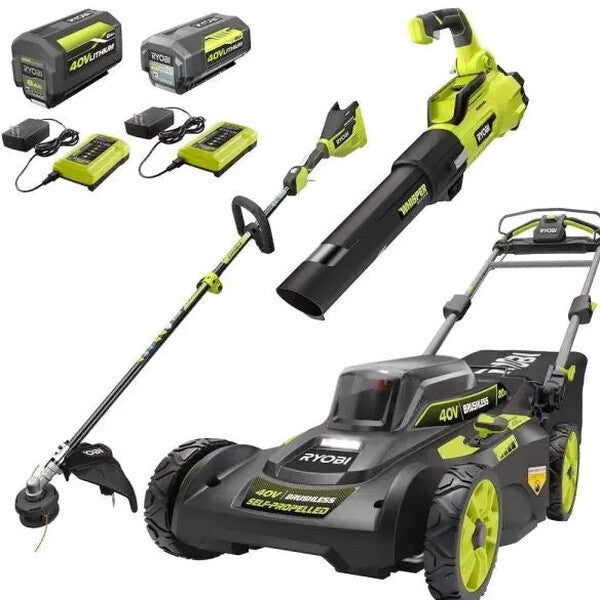 Ryobi 40V Brushless 20 in Self-Propelled Lawn Mower, Trimmer And Blower Kit With Dual Batteries And Chargers - RY401120-Y RY40270 RY40407BTLVNM