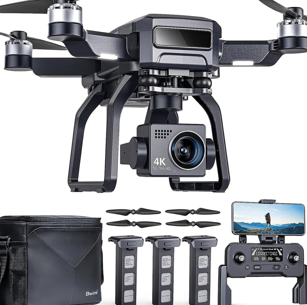 Bwine GPS Camera Drone With 4K Night Vision, 3-Axis Gimbal, 3 Batteries, Black - F7GB2 3B