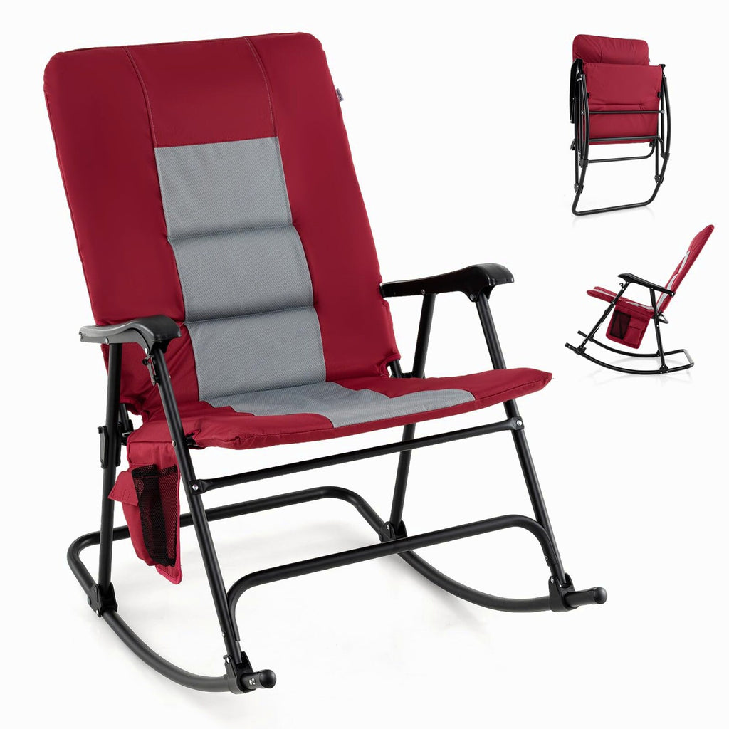 Oversized Folding Rocking Chair With Padded Seat, Metal Frame And Side Pocket