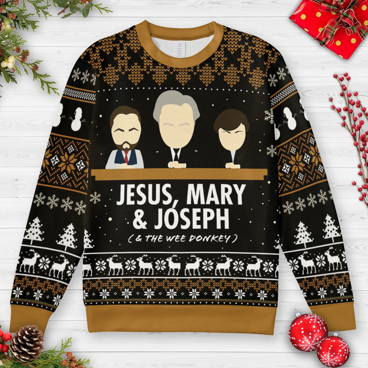 Jesus, Mary, Joseph & the Wee Donkey Ugly Christmas Sweatshirt