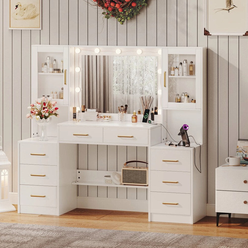 UGTOO LED Makeup Vanity Desk With Mirror, 58.27in, 10 Adjustable LED Bulbs, 8 Drawers, 2 Cabinets, White