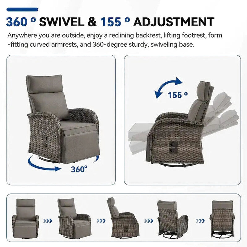 Pocassy 3-Piece Outdoor Recliner Set With Side Tables And Grey Cushions