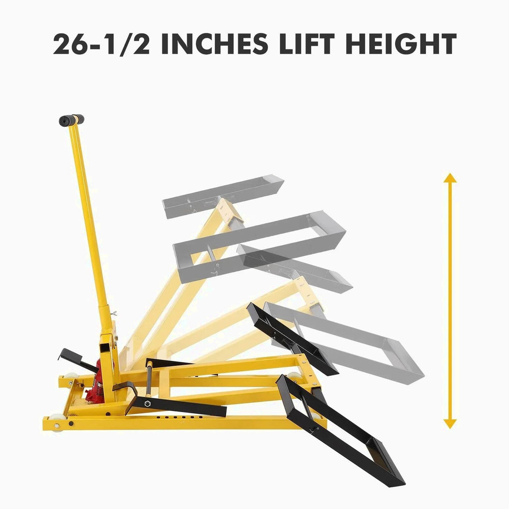 Lawn Mower Lift With Hydraulic Jack, 26 Inches, 500 LBS Capacity, Yellow - PHO_13L5VR2X2L