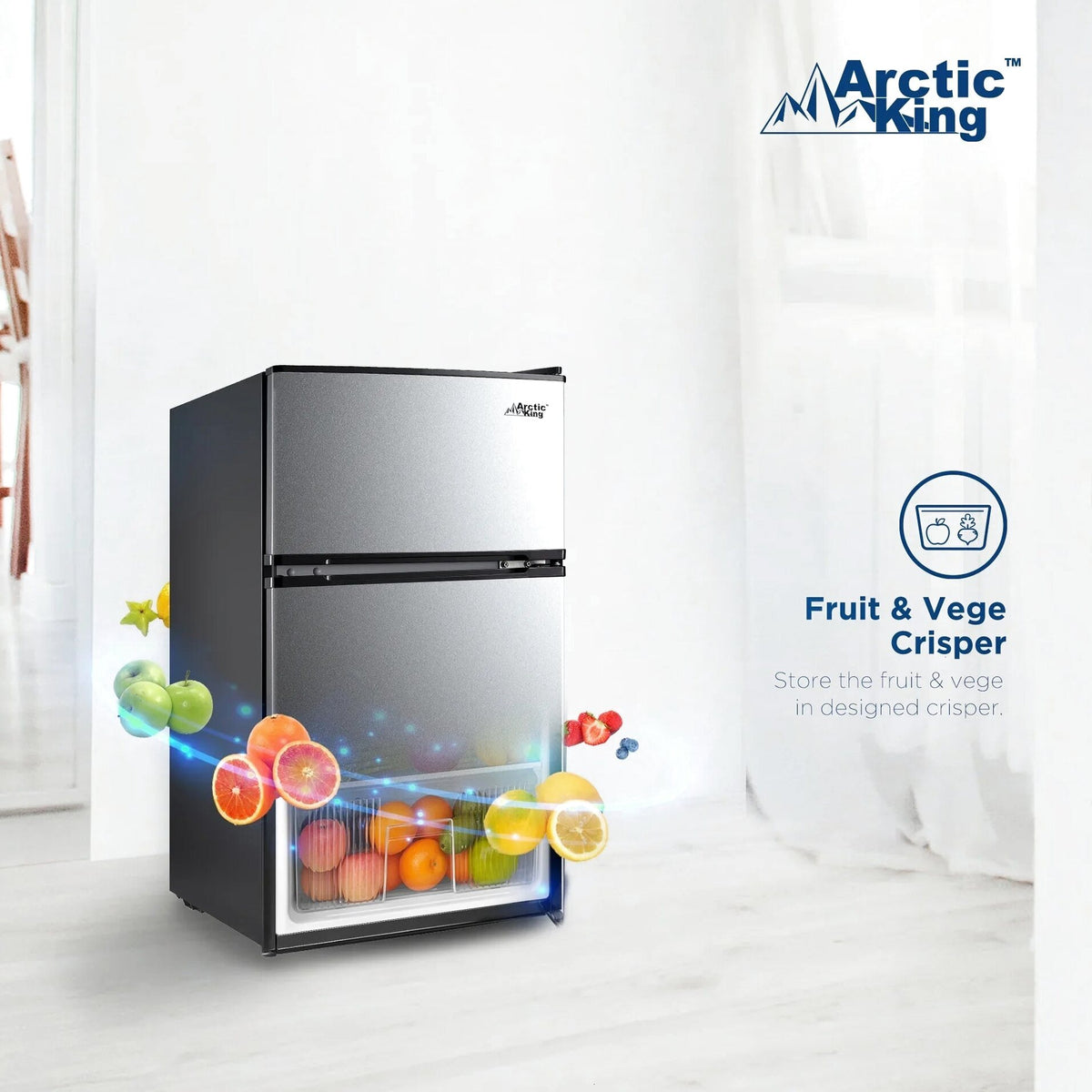 Arctic King Two-Door Mini Fridge With Freezer, 3.2 Cu. Ft., Stainless Steel