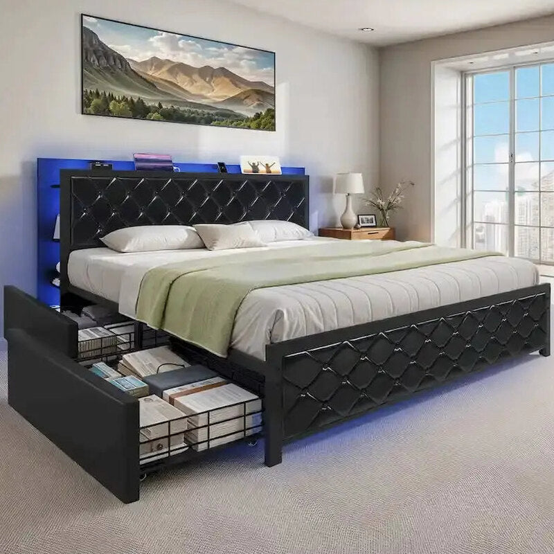 Moasis Queen Upholstered Faux Leather Platform Bed Frame With Headboard, 4 Storage Drawers, RGB LED Lights, USB-C Charging Ports - Black