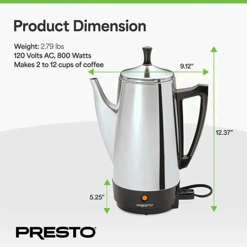 Presto Stainless Steel Percolator Coffee Maker, 2 To 12 Cups, Silver