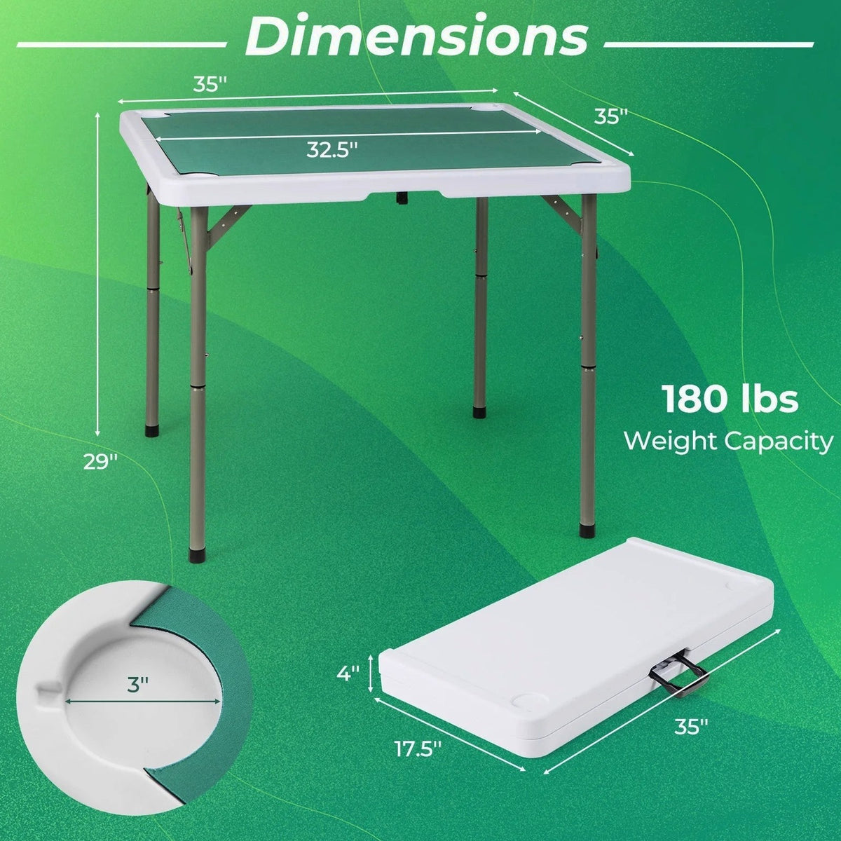 Costway Folding Mahjong Table With Cup Holders, Felt Mat And Carrying Handle - 35in x 35in x 29in