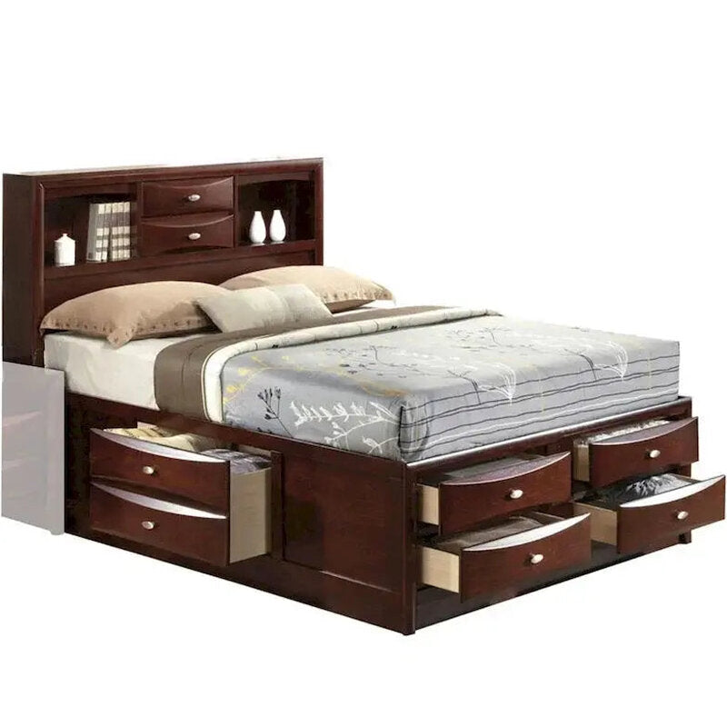 Panel-Style Queen Bookcase Bed With Built-In Drawers - Warm Brown Finish