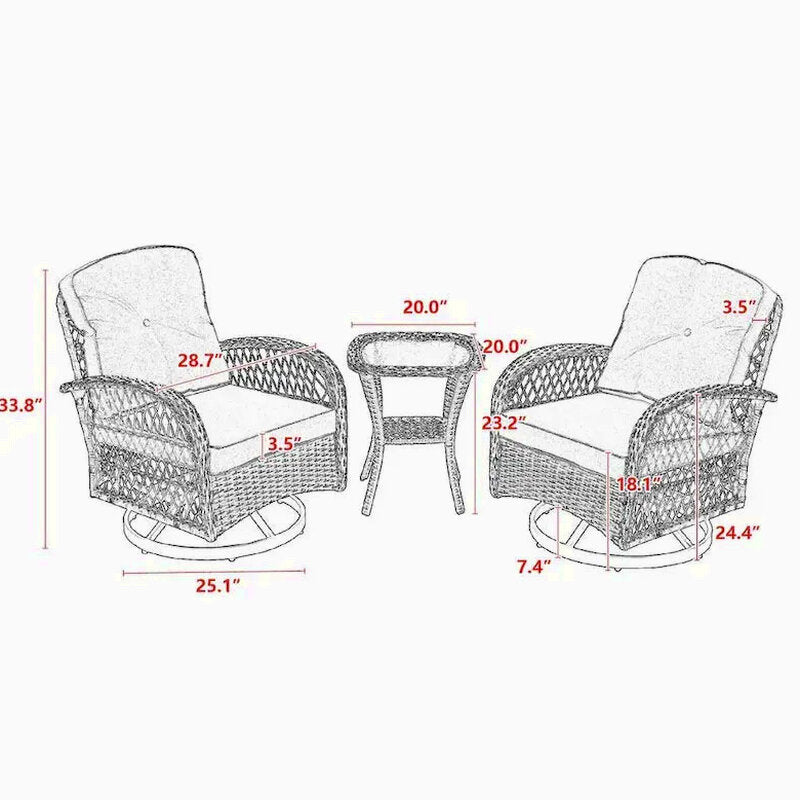 3-Piece Outdoor Swivel Rocker Conversation Set With Tempered Glass Coffee Table