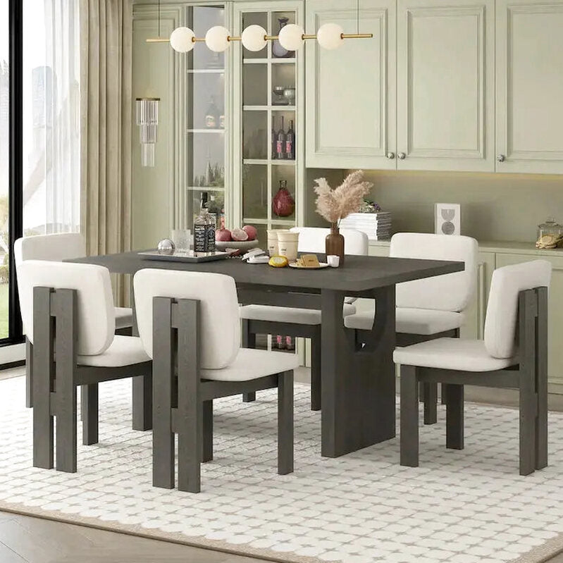 7-Piece Dining Set With Rectangular Trestle Table And 6 Upholstered Chairs