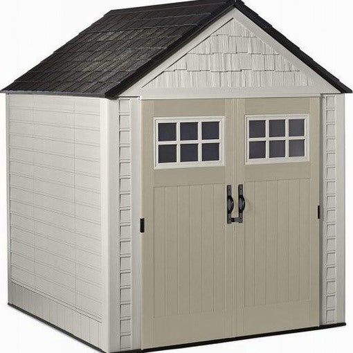 Rubbermaid Resin Outdoor Garden Storage Shed With Windows And Utility Hooks, Sand - 7x7 Ft