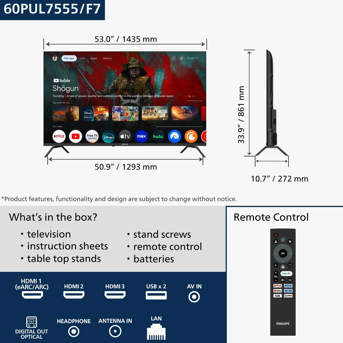 Philips 60 Class 4K Ultra HD Google Smart LED TV - 60PUL7555/F7