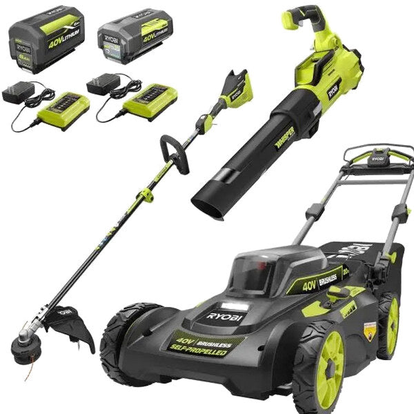 Ryobi 40V Brushless 20 in Self-Propelled Lawn Mower, Trimmer And Blower Kit With Dual Batteries And Chargers - RY401120-Y RY40270 RY40407BTLVNM