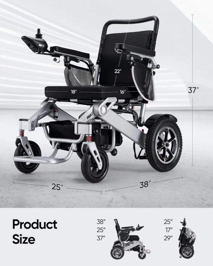 VERPAL Foldable Power Wheelchair, 25 Miles, 500W Dual Motors, 38in D x 25in W x 37in H - Silver Gray