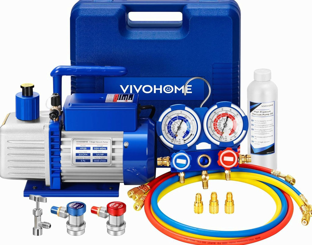Single-Stage Rotary Vane Air Vacuum Pump With R134a AC Manifold Gauge Kit - 110V, 1/3 HP, 4 CFM