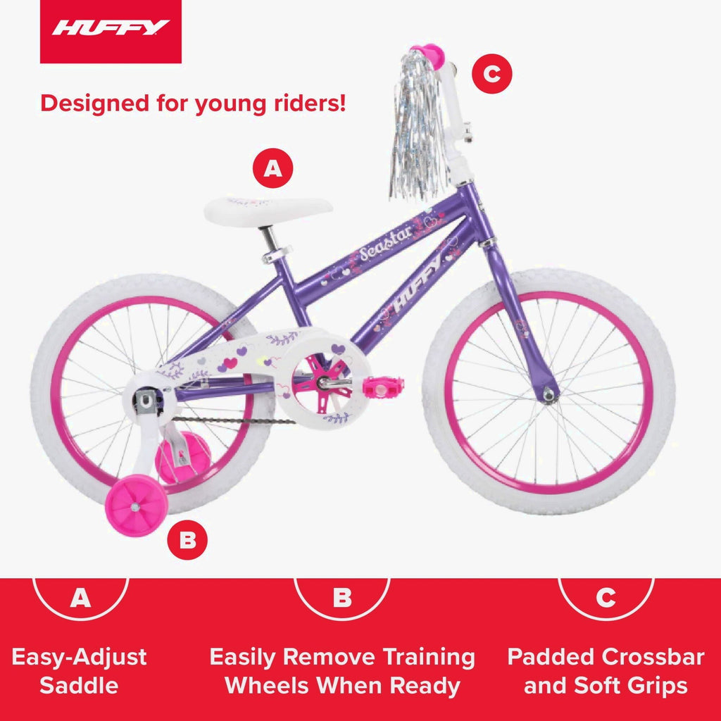 Huffy Sea Star 18in Kids Bicycle, Purple, Ages 4+, Training Wheels, Single-Speed