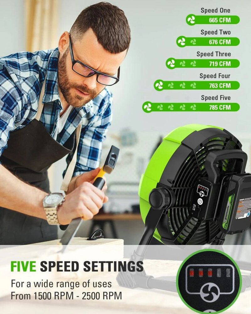 Greenworks 24V 10in 5-Speed Fan 500 CFM With 2.0Ah USB Battery And Charger