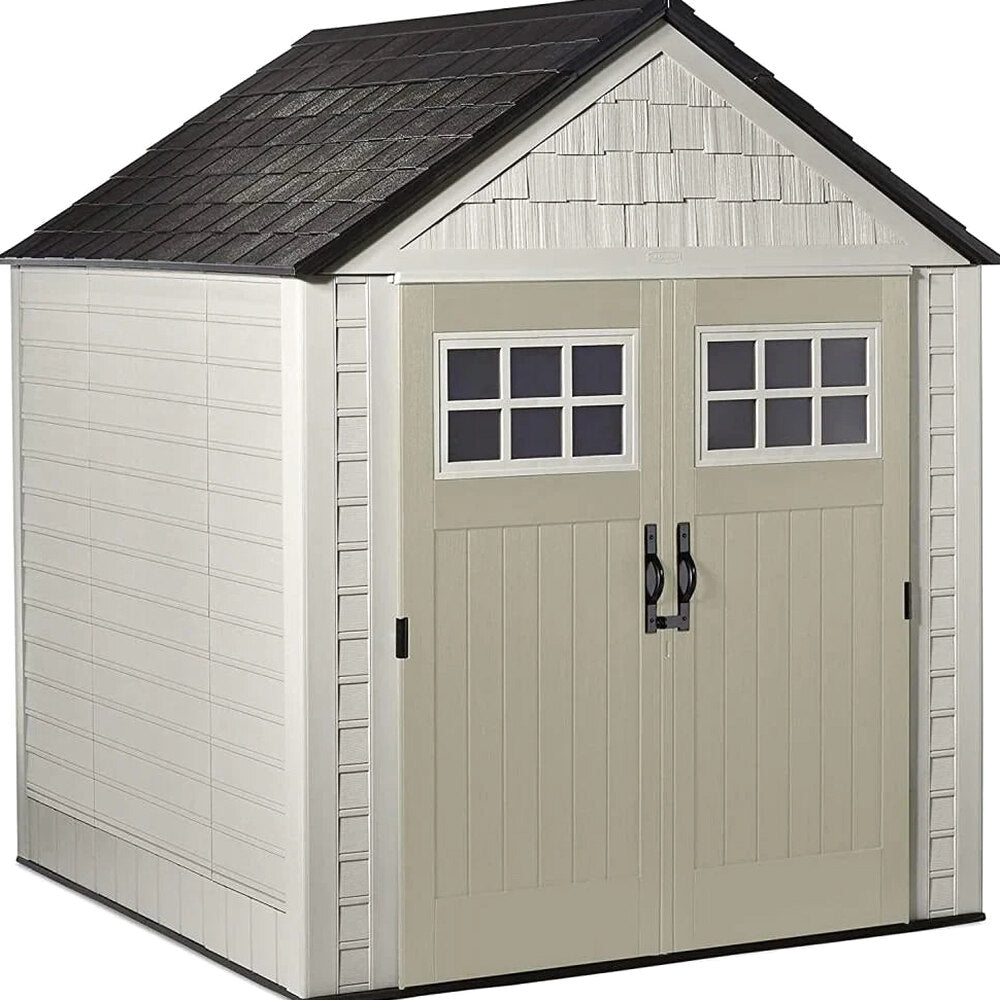 Rubbermaid Resin Outdoor Garden Storage Shed With Windows And Utility Hooks, Sand - 7x7 Ft