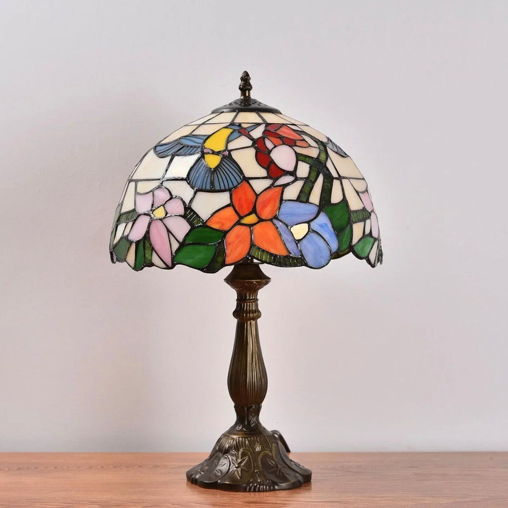 Tiffany Style Stained Glass Hummingbird Table Lamp 12in Shade, 18in Tall