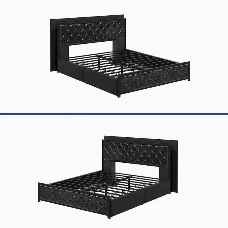 Moasis Queen Upholstered Faux Leather Platform Bed Frame With Headboard, 4 Storage Drawers, RGB LED Lights, USB-C Charging Ports - Black