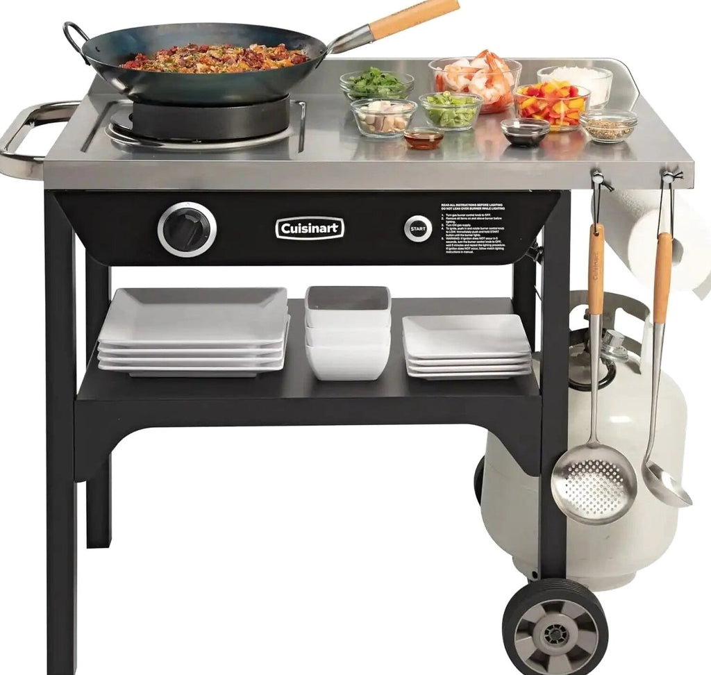 Cuisinart Outdoor Wok Station With Prep Table, 50,000 BTU, 14 inch Carbon Steel Wok - Black
