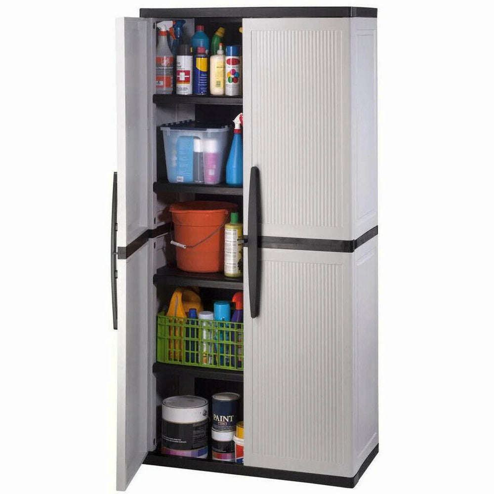 HDX Gray Plastic Freestanding Garage Cabinet With Adjustable Shelves And Lockable Doors, 35in W X 71in H X 18in D